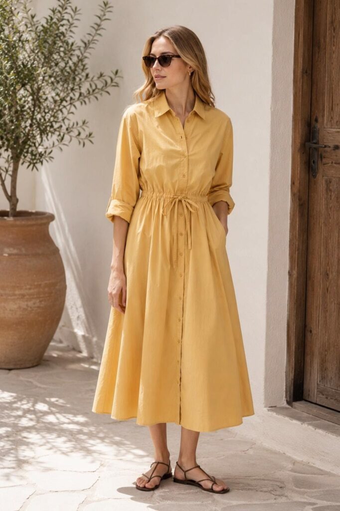 Women's Cotton Poplin Shirt Dress – Yellow Midi